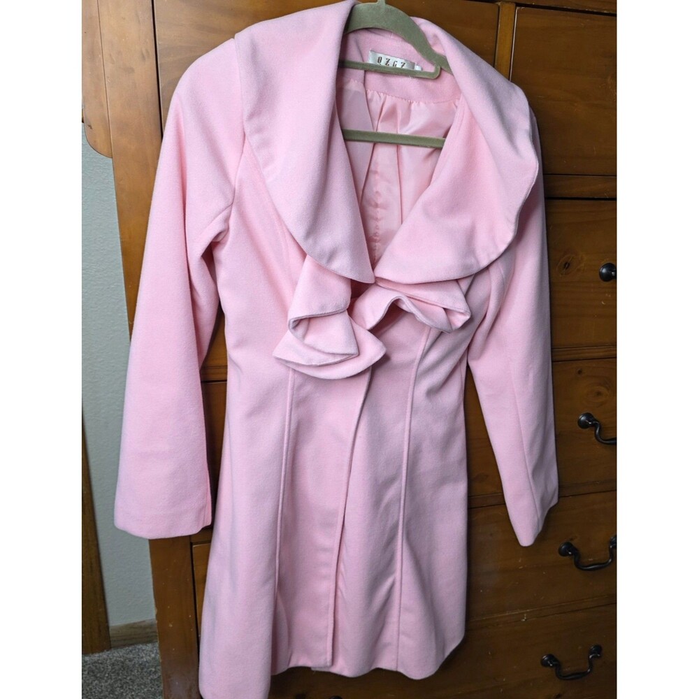 Vintage Dress Coat Size Large Pink Ruffle Retro Barbie Classic Button Long